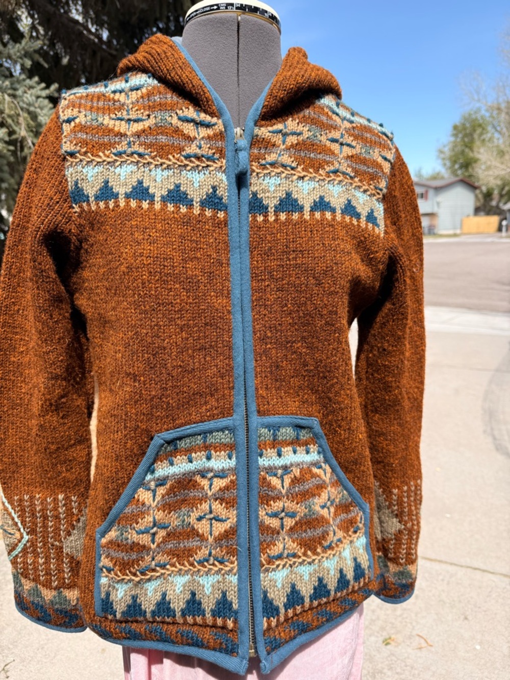 Handcrafted Brown Hooded Zip Sweater with Blue Trim
